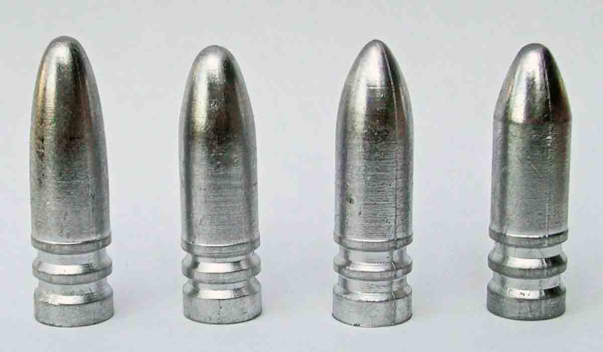 Cast bullets shown in firing order (left to right): Dan Theodore elliptical-nose bullet, 417 grains; New Postel, 417 grains; Pointed “Turkey Killer,” 421 grains; “No Slump,” 420 grains.